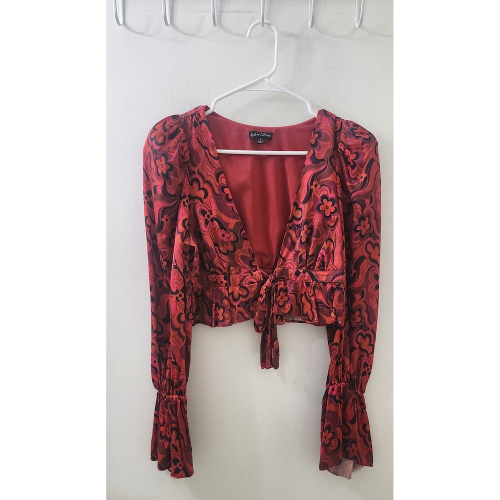 For Love & Lemons Red Psychedelic Floral Crop Top Tie Front Long Sleeve Small